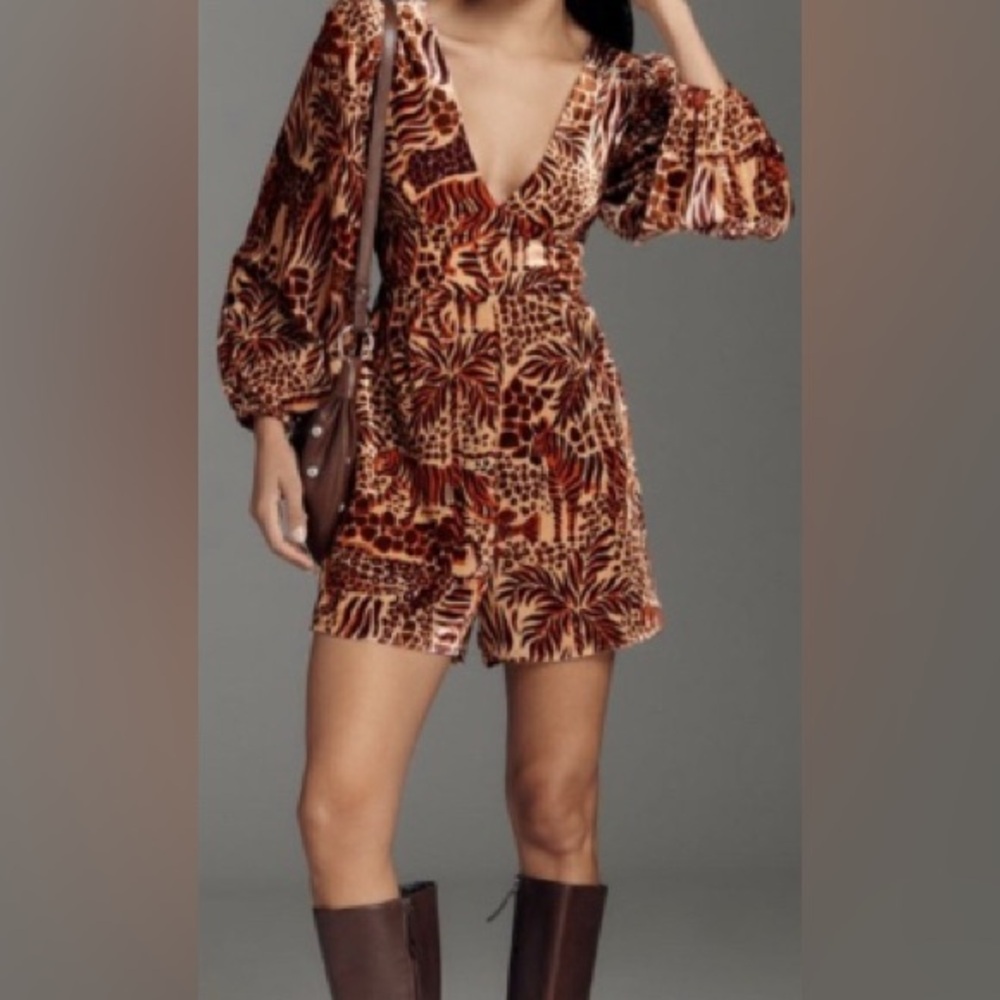 Farm Rio x Anthropologie Long-Sleeve Leopard Print Romper:Safari Sand - Size: M